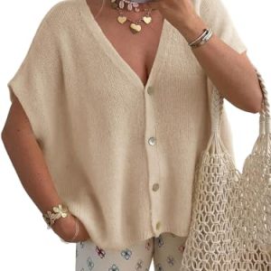 Saodimallsu Womens Summer Oversized Cardigans Casual Knit Sweater Tops | Saodimallsu Summer Lightweight Button V Nec
