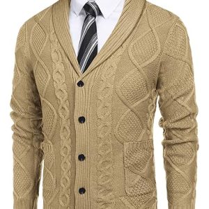 COOFANDY Mens Shawl Collar Cardigan Sweater Slim Fit Button Down Cable Knitted with Pockets COOFANDY Mens Contoured Shaw