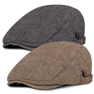 Senker Fashion Men's 2 Pack Adjustable Herringbone Tweed Wool Newsboy Cap Ivy Cabbie Hat | Senker Men's Adjustable H